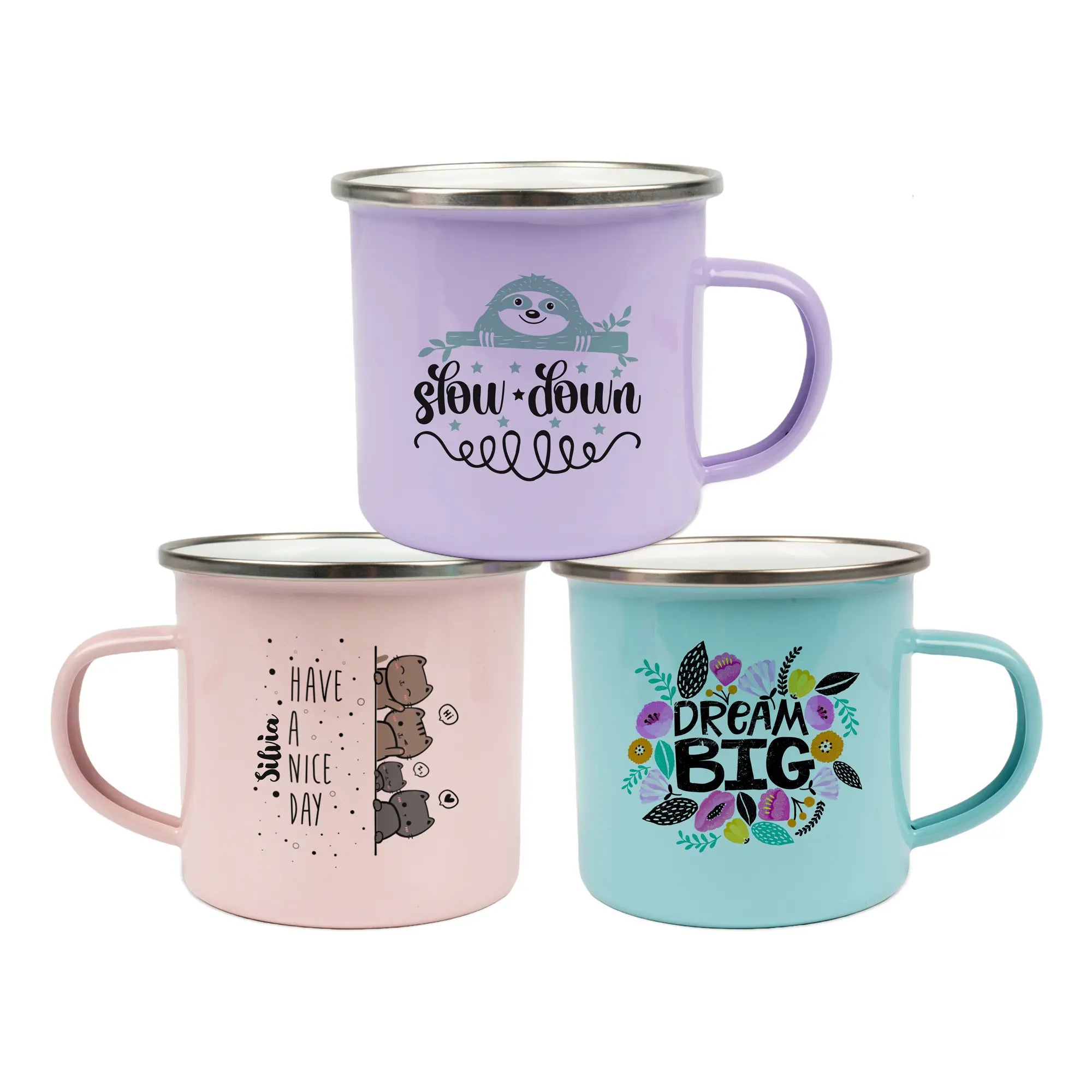 Emailletasse 12oz, mit silbernem Edelstahlrand - Pastell-Tönen - Sublimation