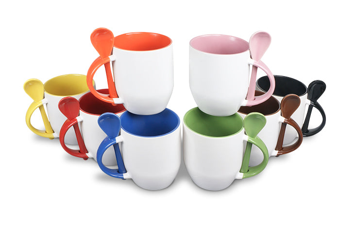 Keramiktasse TWO TONES bauchig mit Löffel 2 Farbig Rohling Sublimation Druck